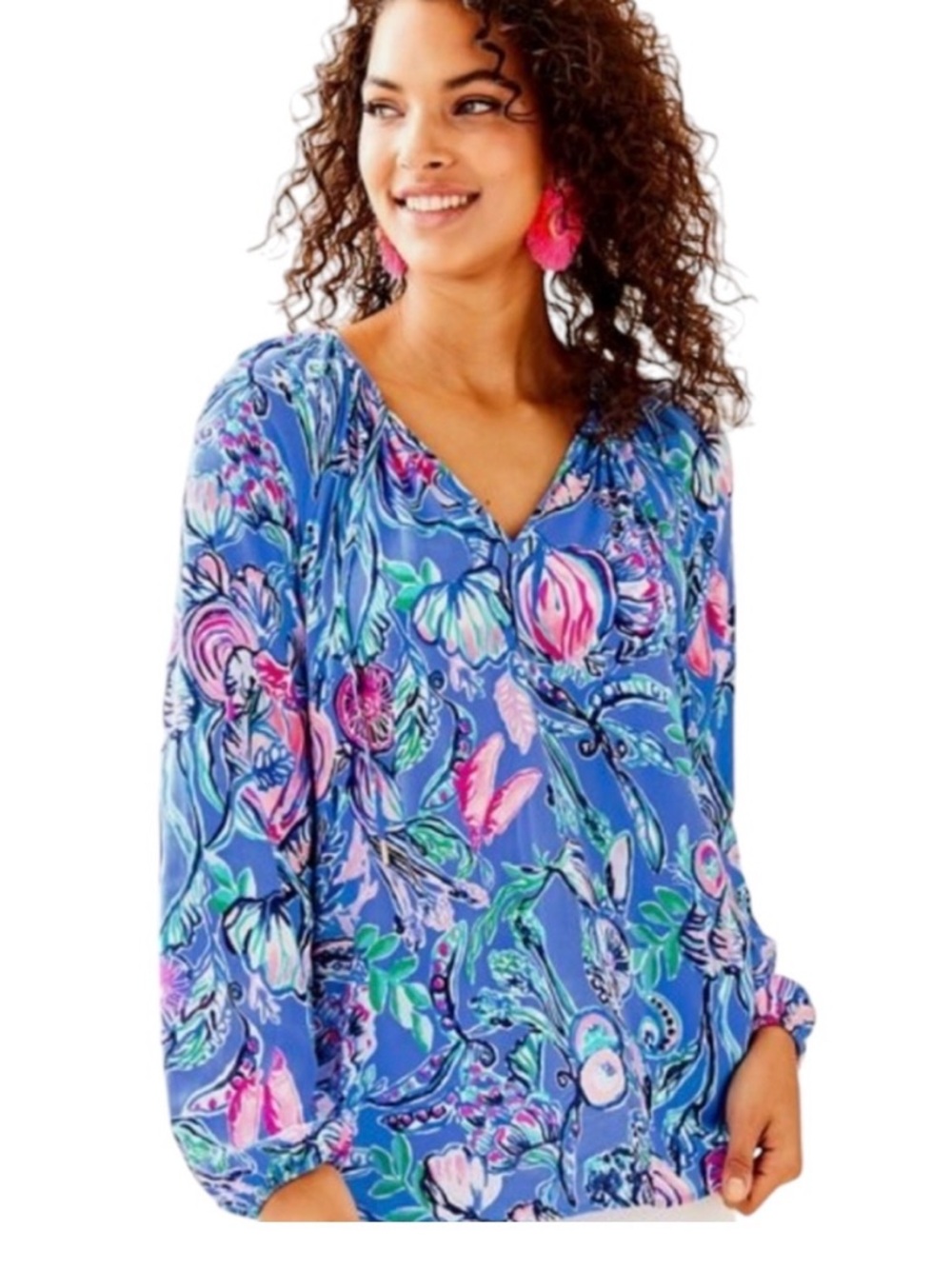 Lilly Pulitzer Blue Floral V-Neck Blouse with Pink Accents